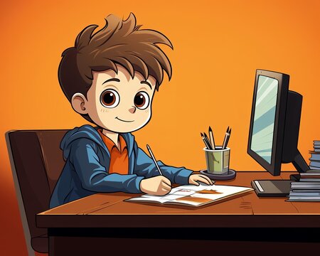 Cartoon child at desk flat design side view studious theme animation triadic color scheme