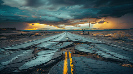 Obraz premium Cracked Stormy Highway in a Deserted Desert: Dramatic Landscape, Rugged Road, Barren Terrain, Intense Weather, Isolated and Desolate Scene, Thunderstorm Approaching, Eerie and Unforgiving Environment
