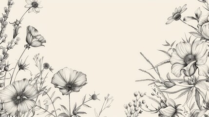 Hand drawn floral design with various elements and blank space