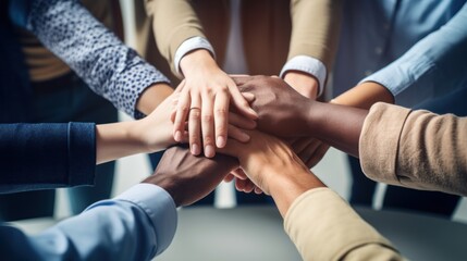 The top-view of diverse people nationalities fold their hands together on each other, symbolizing their unity and support. A team of people who are set up for productive work and a positive result.