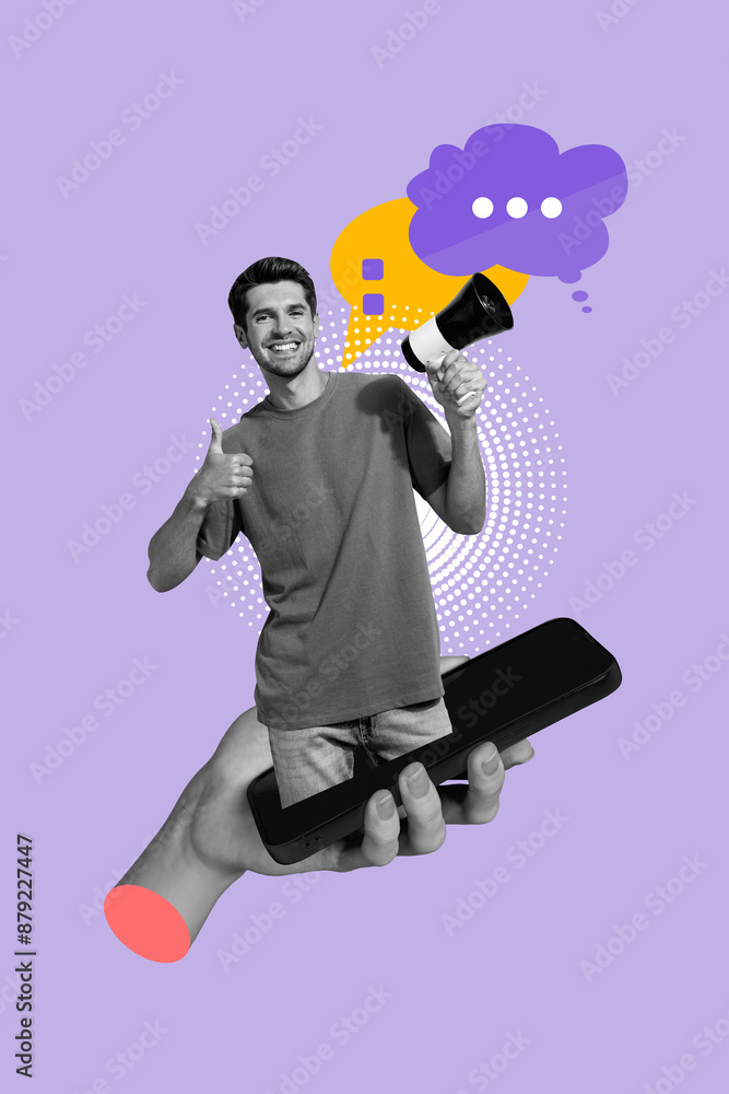Aufkleber Vertical composite collage image picture of arm hold smart phone display mini guy loudspeaker dialogue bubble isolated on creative background