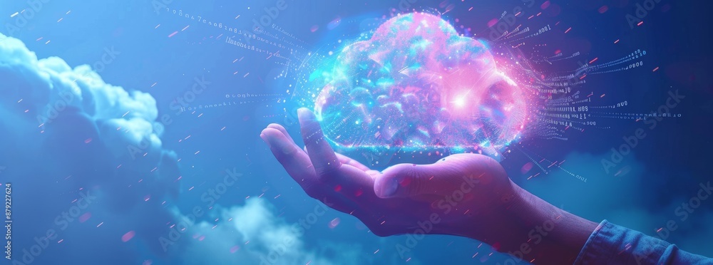 Poster hand showing laptop computer with cloud network. cloud computing technology and online data storage 