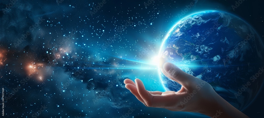 Poster in the background, a hand is touching a circle that represents global network connectivity and data 