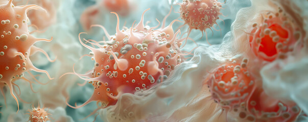 Microscopic View of Virus Particles, Macro Close Up. Biology, Science, Medicine. Bacteria Infection, Contagious Disease, Active Pathogen, Dirt. Sanitising Cleaner, Washing Detergent, Immune System