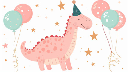 Cute Pink Dinosaur with Balloons and Birthday Hat: Adorable Party Scene, Festive Cartoon Character, Colorful Celebration, Playful and Fun Illustration, Child-Friendly Birthday Theme, Cheerful 