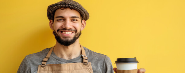 A man with a mustache and a hat is smiling and holding a coffee cup. Concept of warmth and friendliness, as the man is enjoying his coffee and is happy to be holding it