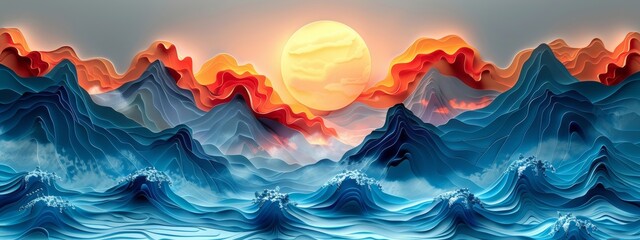 Fototapeta premium Paper art work volcanic landscape with lava flow and smoke plumes.