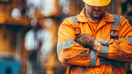 Obraz premium A man in an orange safety suit is wearing a yellow hard hat. He is standing with his arms crossed and looking away from the camera. Concept of caution and seriousness