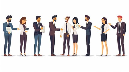 Obraz premium A modern set of characters depicting business people shaking hands, negotiating, meeting, concluding transactions, contracts, and agreements.
