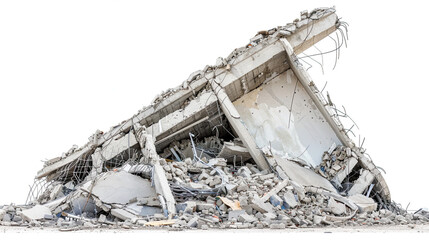 Destroyed Building in Concrete Debris, Isolated on White Background: Ruined Structure, Rubble and Wreckage, Post-Apocalyptic Scene, Collapsed Architecture, Demolition Aftermath, War-Torn Environment