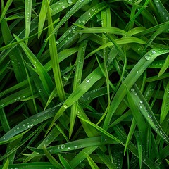 Obraz premium Close-up of Fresh Green Grass with Dew Drops in the Morning 