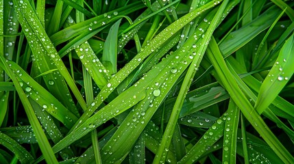 Close-up of Fresh Green Grass with Dew Drops in the Morning
