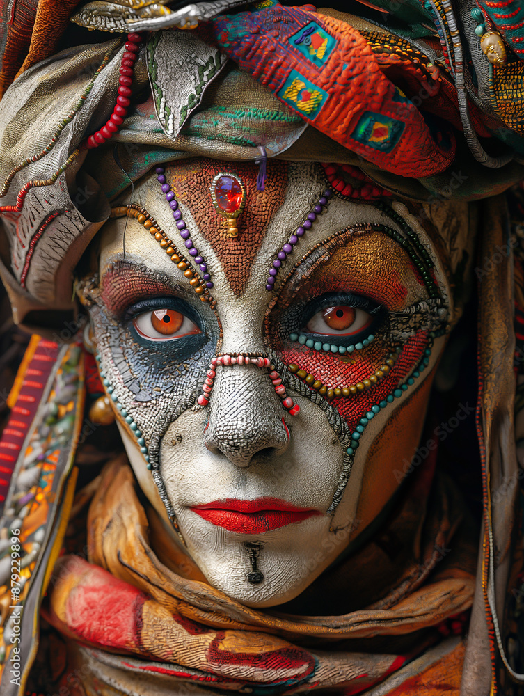 Wall mural woman wearing elaborate stage make up, face jewellery, glitter paint. artistic close up. carnival, f