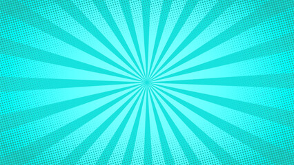 Blue comic dotted gradient background in retro style, postcard with points, dots, rounds, circle, rays radiating from the center. Abstract halftone wallpaper. Template for banner. Vector EPS10