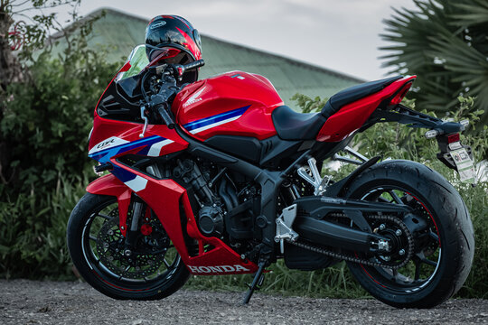 Japanese model Honda model CBR 650 R motorcycle. Big sport motorcycle Honda parked on a road. Sports motors