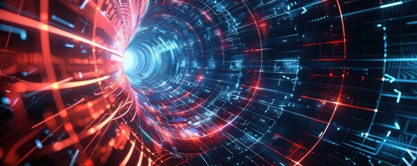 Obraz premium Abstract digital tunnel of binary code and data, representing concepts of technology, cybersecurity, and the future of computing.