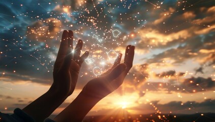 Naklejka premium Concept of palm hands holding global network connections, innovative technology in science and communication.