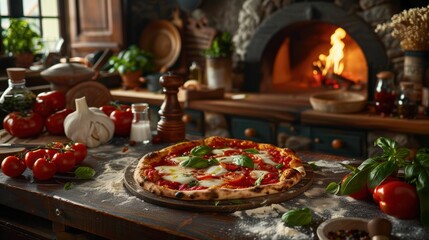 A rustic Italian kitchen with a wood-fired oven, baking a perfectly crispy margherita pizza with melted mozzarella