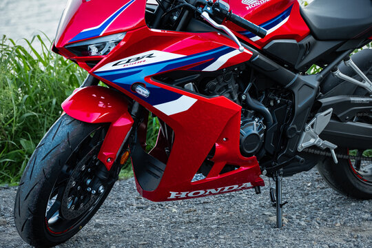 Japanese model Honda model CBR 650 R motorcycle. Big sport motorcycle Honda parked on a road. Sports motors