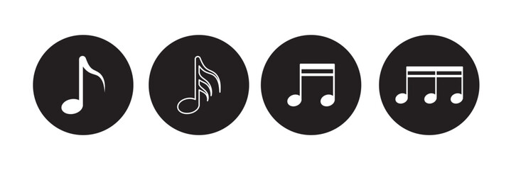 Music notes icon set , Music note symbol, song, melody or tune flat vector icon, Black musical note. Music elements. Isolated music notes symbols on transparent background. Simple musical notes sign.