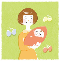 赤ちゃんを抱く笑顔のママ