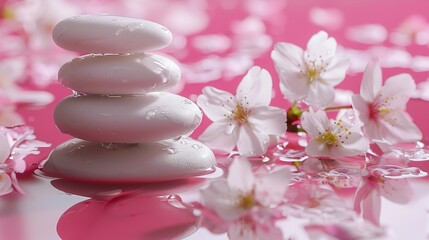 Zen stones, water, and Japanese cherry blossoms on a pink background with copy space. Wellness and harmony, massage and body care, spa and wellness concept.