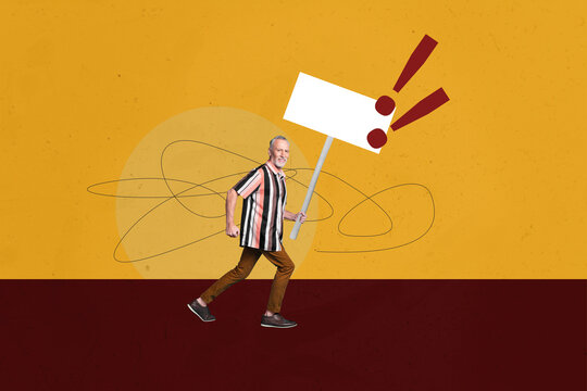 Creative collage picture elder man activist protest strike against demonstration grandfather rights drawing doodles exclamation mark