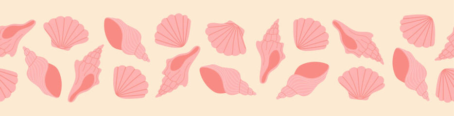 Seamless border with hand drawn pink seashell on light pink background. Template for print, fabric, greeting card and invitation. Vector illustration