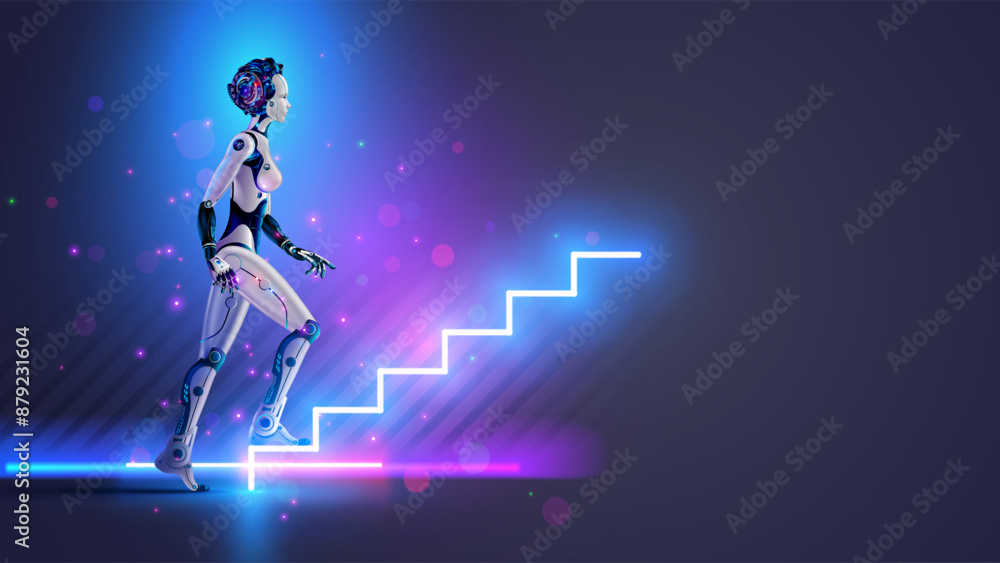 Poster Woman robot or cyborg with AI goes up futuristic stairs in full growth. AI or artificial intelligence learning concept. AI Future technology. Computer neural network training in image of female robot.