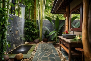 Fototapeta premium Outdoor shower spa bamboo nature relaxation zen eco-friendly paradise greenery indulgence