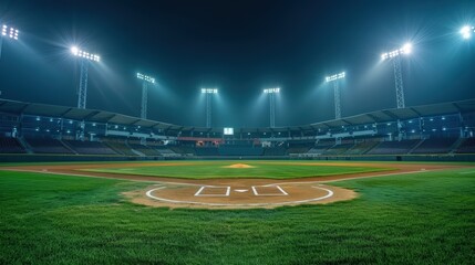Grand baseball stadium field diamond night light view