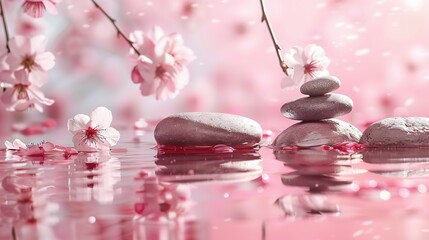 Zen stones, water, and Japanese cherry blossoms on a pink background with copy space. Wellness and harmony, massage and body care, spa and wellness concept.