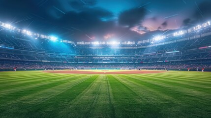 Grand baseball stadium field diamond night light view