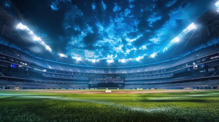 Grand baseball stadium field diamond night light view