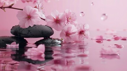 Zen stones, water, and Japanese cherry blossoms on a pink background with copy space. Wellness and harmony, massage and body care, spa and wellness concept.