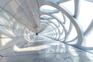 Fototapeta premium Futuristic white hallway interior with curved walls and shiny floor. Abstract architecture and modern design concept.