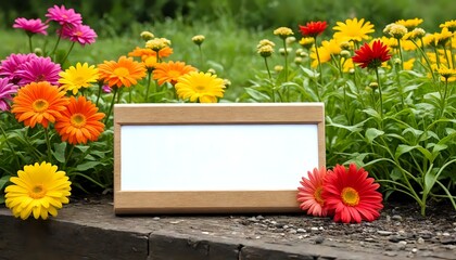 A wooden sign with space for text is placed in a beautiful garden of colorful flowers.