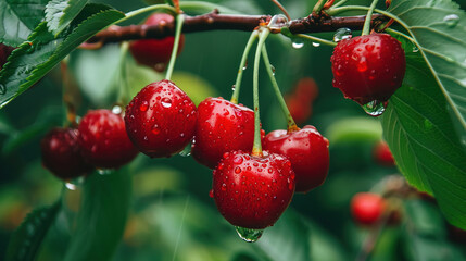 Obraz premium Fresh fruit. Ripe red cherries with water drops hanging on the tree branch. Close-up of fresh red cherries. 