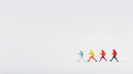 Four people in colorful jackets run in a snowy landscape.