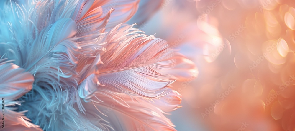 Poster a close up of soft, pastel colored feathers in the foreground with bokeh lights and empty space on a