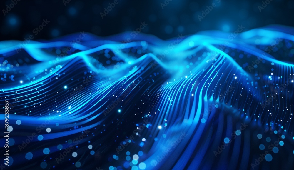 Poster abstract blue glowing wave with bokeh lights and particles on dark background