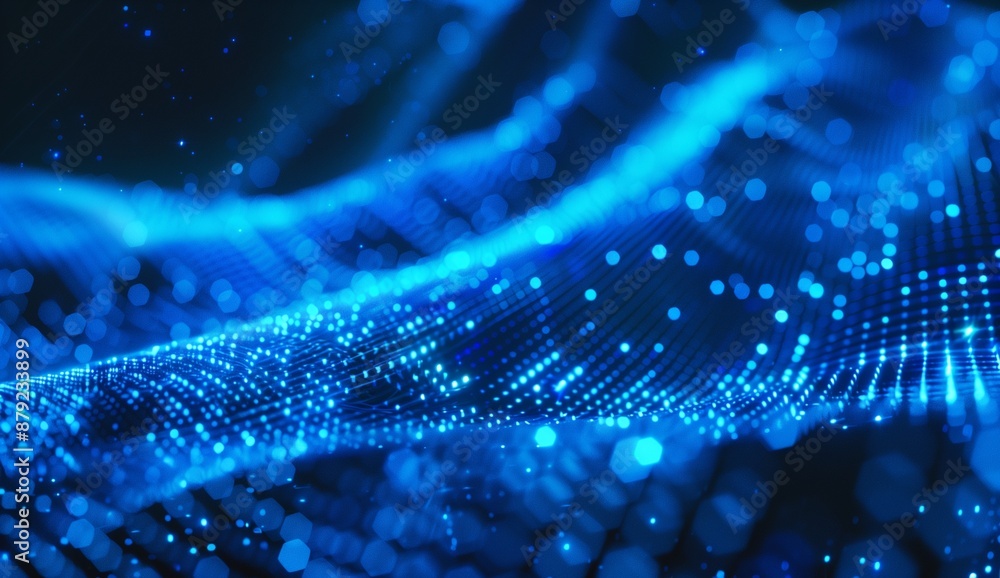 Poster abstract blue glowing background with a wave of dots and lines. big data, technology or science conc