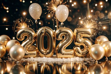Happy New Year 2025. Helium balloons made of gold foil with the numbers 2025 and confetti on a black background. A festive poster or banner for a party and New Year's Eve.