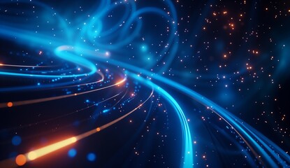 3d render, abstract background with blue glowing light rays and orange lines on dark starry night sky.