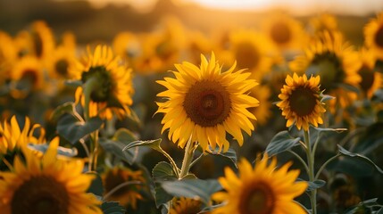 Obraz premium Sunflower Field in Bloom with Vibrant Yellow Flowers and Green Foliage 