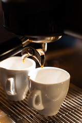 Two cups of coffee brewing together in the restaurant's coffee machine. Vertical