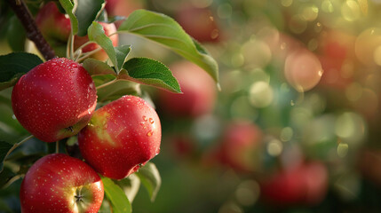 Red apples on a tree. Fresh ripe red apples background. close-up of apple fruit with green leaves in the background. Fresh fruit