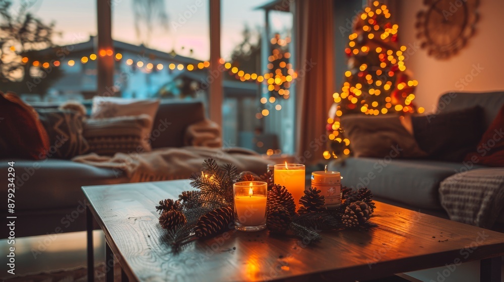 Wall mural Cozy Christmas Living Room with Lit Candles and Festive Decor at Sunset