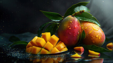 Healthy food concept. Whole mango and sliced mangos with green leaves. Vibrant and juicy mango. Fresh fruit. Tropical vibes. Healthy eat