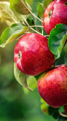 Obraz premium Red apples on a tree. Fresh ripe red apples background. close-up of apple fruit with green leaves in the background. Fresh fruit